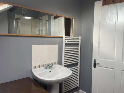 a bathroom with a white sink and a mirror at Ye Old Sun Inn, Barn Studio in Bilbrough
