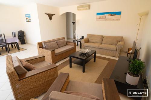 un salon avec des canapés et une table dans l'établissement Villa T4 climatisée avec piscine privée, à Vias