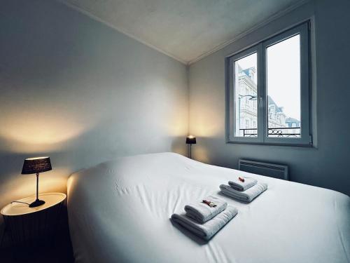 une chambre avec un lit blanc avec deux serviettes dessus dans l'établissement Une bulle en champagne T3 hyper centre avec balcon, à Reims
