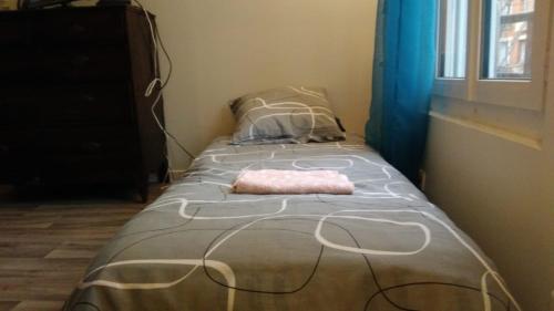 un petit lit dans une chambre avec une fenêtre dans l'établissement 1 Bedroom flat, on Metro7, direct Louvre, Parking,Wifi, à Aubervilliers