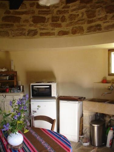 une petite cuisine avec une table et un micro-ondes dans l'établissement Bâtisse du 18ème siècle, à Fons