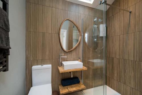 a bathroom with a toilet and a sink and a mirror at Scaw Fell in Cowes
