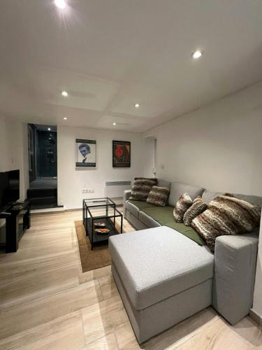 un salon avec un canapé et une télévision dans l'établissement F2 Toits Ecusson 4 pers. Eglise St Anne 5 min Com, à Montpellier