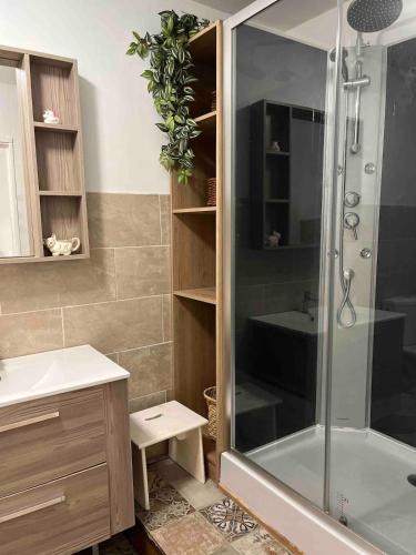 une salle de bain avec une douche, un lavabo et une baignoire dans l'établissement Lavande, à Lauzun