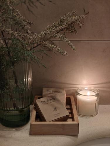 a candle and a box and a vase with flowers at DESERT Ezuz in ‘Ezuz