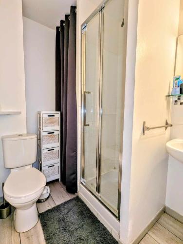 une salle de bain avec toilettes et douche en verre dans l'établissement Le Thiers - Hypercentre - Wifi - Air conditioning portable, à Avignon