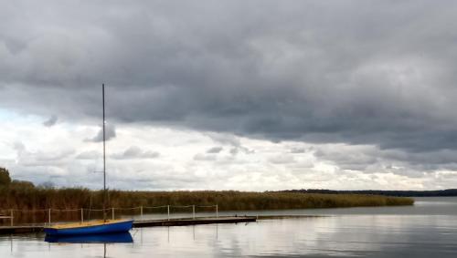 a blue boat sitting at a dock on a lake at Fischstübchen Neeberg Fewo 4 – Schwalbennest in Krummin
