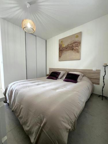 una camera da letto bianca con un letto grande di F2 équipé Clim jardin Spa Centre Arles à 10mn a Arles