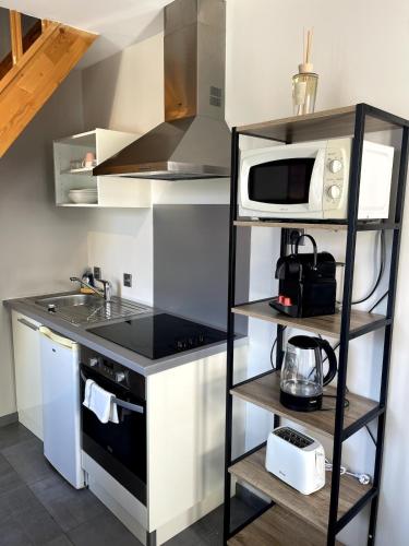 une petite cuisine avec une cuisinière et un micro-ondes dans l'établissement Duplex cosy à Carnot, au Puy-en-Velay