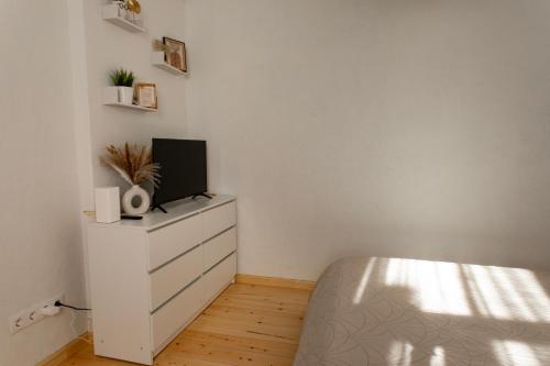 a bedroom with a bed and a tv on a dresser at Parka ielas apartamenti in Alūksne