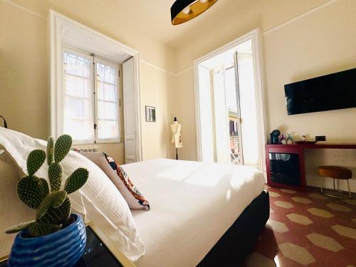 a bedroom with a bed and a tv and a cactus at Voglia 'e turnà in Naples