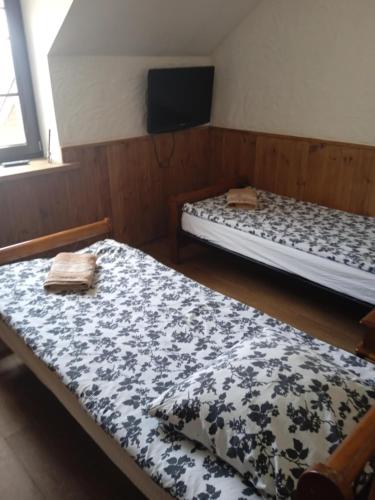 two beds sitting in a room with at Svečių namai Alėjos Ąžuolas in Druskininkai