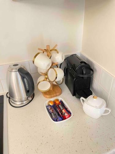 - un comptoir de cuisine avec divers appareils sur un comptoir dans l'établissement Jolie studio à Cannes, à Cannes