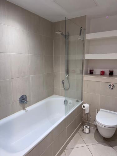 a bathroom with a bath tub and a toilet at Canary Wharf-WOMEN Only-Private Double Room & Pool Gym in London