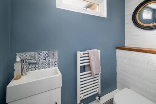 a bathroom with a white toilet and a blue wall at Lily Cottage in Gurnard