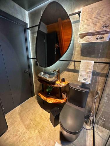 a bathroom with a toilet and a round mirror at Alpinada Cabanas in Carlos Barbosa
