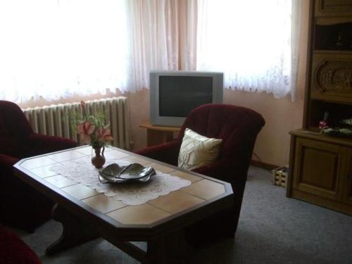 a living room with a table and a tv at Freistehendes Ferienhaus In Ruhiger Lage in Großbreitenbach