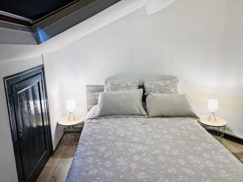 une chambre avec un lit avec deux lampes sur deux tables dans l'établissement Charmant T2 au coeur d'Angers, à Angers