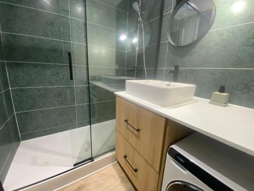 une salle de bain avec un lavabo et une douche dans l'établissement Appartement T1 avec Terrasse et Parking Sécurisé - FR-1-374-234, à Arcachon