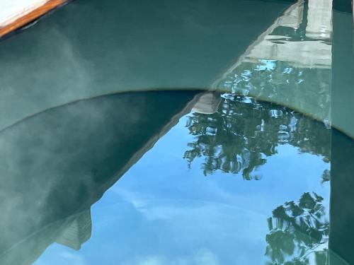 a reflection of trees in a pool of water at Tweed Hideaway in Kelso