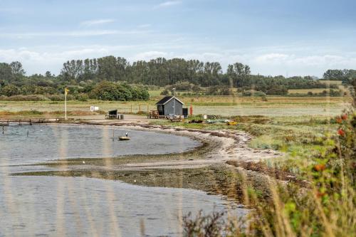 a barn in a field next to a body of water at By The Bay A Thatched House Lies So Beautifully in Føns