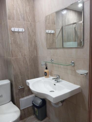 a bathroom with a sink and a toilet and a mirror at Festa Studio in Pomorie