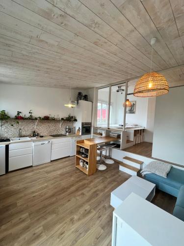 Il dispose d'une cuisine et d'un salon avec un plafond en bois. dans l'établissement Sainte Luce proche de La Loire, à Sainte-Luce-sur-Loire