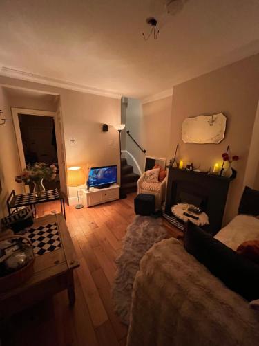 a living room with a couch and a television in it at Cluaine Meala cottage in Isleworth