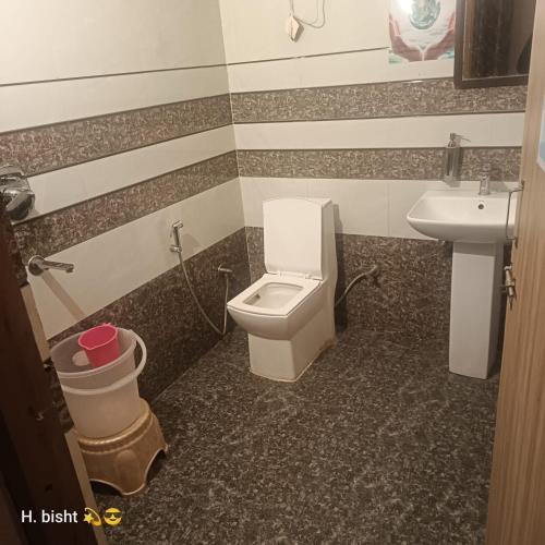 a bathroom with a toilet and a sink at Saanidhya Homestay in Mukteswar