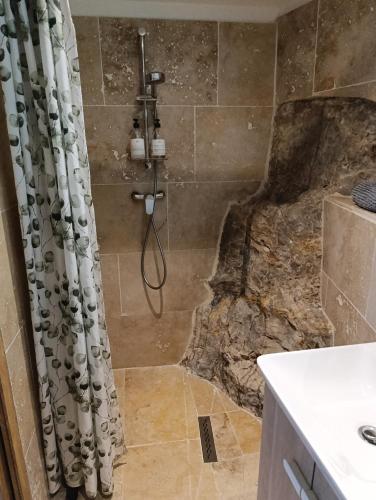 La salle de bains est pourvue d'une douche et d'un mur en pierre. dans l'établissement Logement le gabian, à Ampus