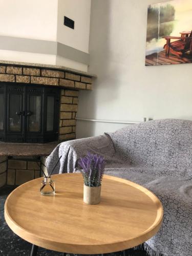 a wooden table with a vase of purple flowers on a couch at Anatoli House Il in Gaios