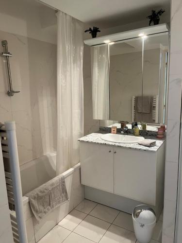une salle de bain avec un lavabo, une baignoire et un miroir dans l'établissement Studio centre Cannes, piscine, climatisation, à Cannes