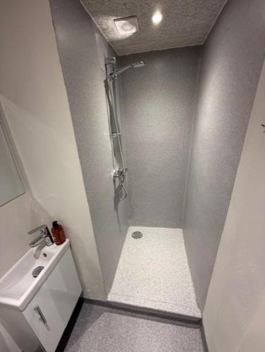 a small bathroom with a shower and a sink at Folsted - Værelse 100 med eget badeværelse og fri parkering in Bindslev