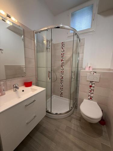 une salle de bain avec une douche, des toilettes et un lavabo dans l'établissement Escale Belfortaine - Spacieux - Résidence privée, à Belfort