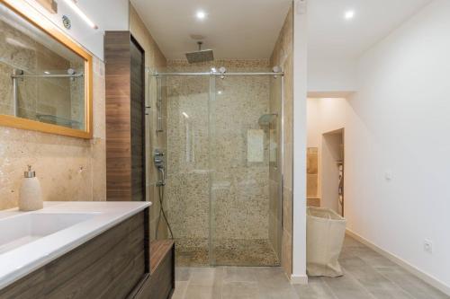une salle de bain avec une douche en verre et un lavabo dans l'établissement Joli bas de maison - Jardin et piscine privative, à Mougins