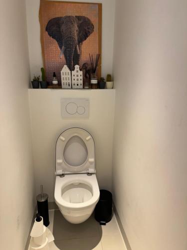 a bathroom with a toilet with a picture of an elephant at Apartment in Oude-Pijp in Amsterdam