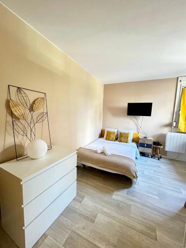 - une chambre avec un lit et une télévision dans l'établissement L'Emailleur studio cosy et tout équipé, à Limoges