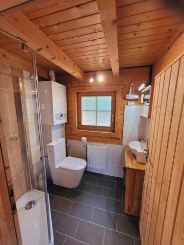 a bathroom with a toilet and a sink at Christinas kleines, gemütliches Ferienhaus in Neudorf Rodewald