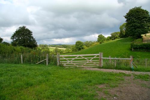 a wooden fence in a field with a hill at Pwllgwilym B & B in Builth Wells