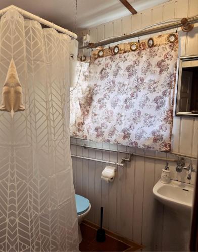 a bathroom with a shower with a toilet and a sink at WCZASY 90s in Gdańsk