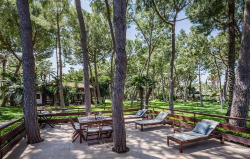 a group of benches and tables in a park with trees at El Oasis Villa Resort in La Eliana