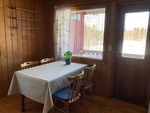 a dining room table with chairs and a potted plant on it at Lomatalo Aurinkorinne Punkaharjulla in Punkaharju