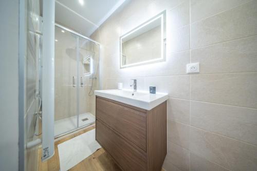 une salle de bain avec un lavabo, une douche et un miroir dans l'établissement Super Appartement Near Basel 2 personnes 4, à Saint-Louis