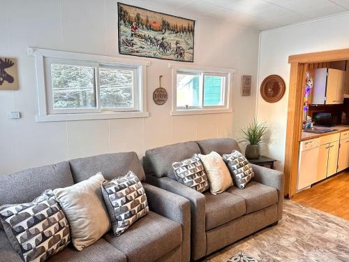 un soggiorno con divano e 2 cuscini di The Auke Ridge Retreat Cabin - a Short Walk to the Harbor a Mendenhaven