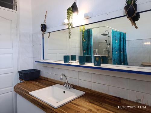 un baño con lavabo y espejo en La Perle Rose {3 ch. - 6 à 8 pers.}, en Sainte-Rose