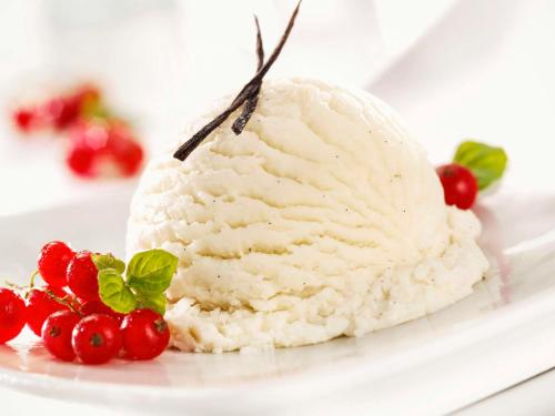 aoops of vanilla ice cream on a plate with berries at Hotel Mermoz Paris Le Bourget in La Courneuve