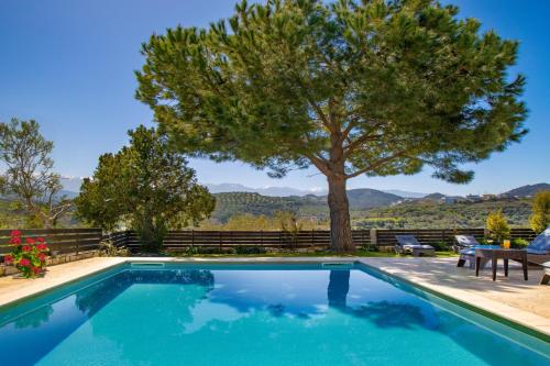 a swimming pool with a tree and mountains in the background at Villa Anatoli in Stalos
