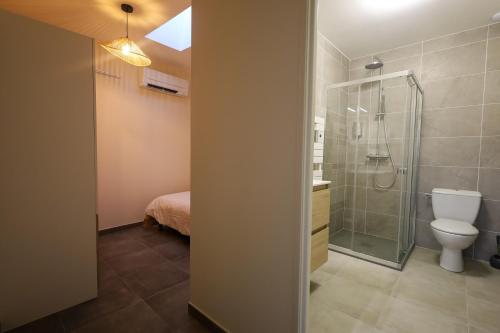 une salle de bain avec toilettes et douche en verre dans l'établissement Le Montréal proche CNPE Parking Calme Wifi, à Vaux-en-Bugey