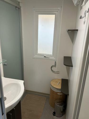 une petite salle de bain avec un lavabo et une fenêtre dans l'établissement Mobilhome la Carabasse 40m2 6-8 personnes, à Vias