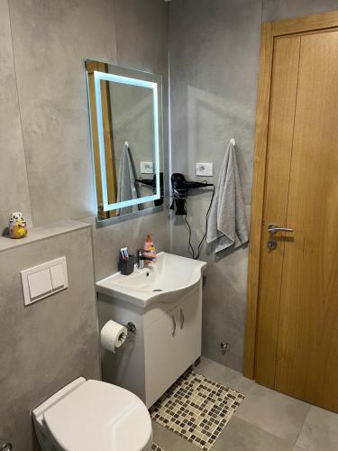 un bagno con lavandino, WC e specchio di Emel Apartman a Ulcinj